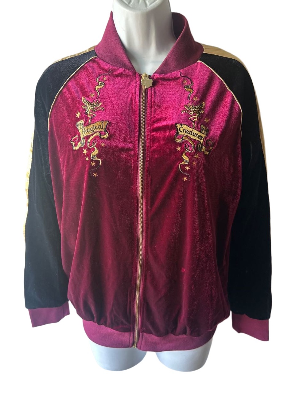 Harry Potter Magical Creatures Velour Bomber Jacket Burgundy Gold Size S NWT